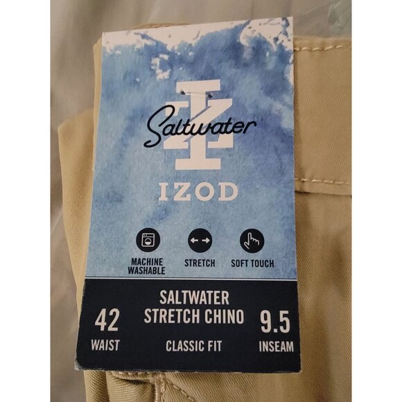 Izod Saltwater Stretch Chino Shorts 9.5" Inseam 42W Pale Khaki Classic Fit Machi - Picture 6 of 6